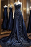 Vintage Mermaid Spaghetti Straps Navy Blue Satin Long Formal Prom Dress Party Dress