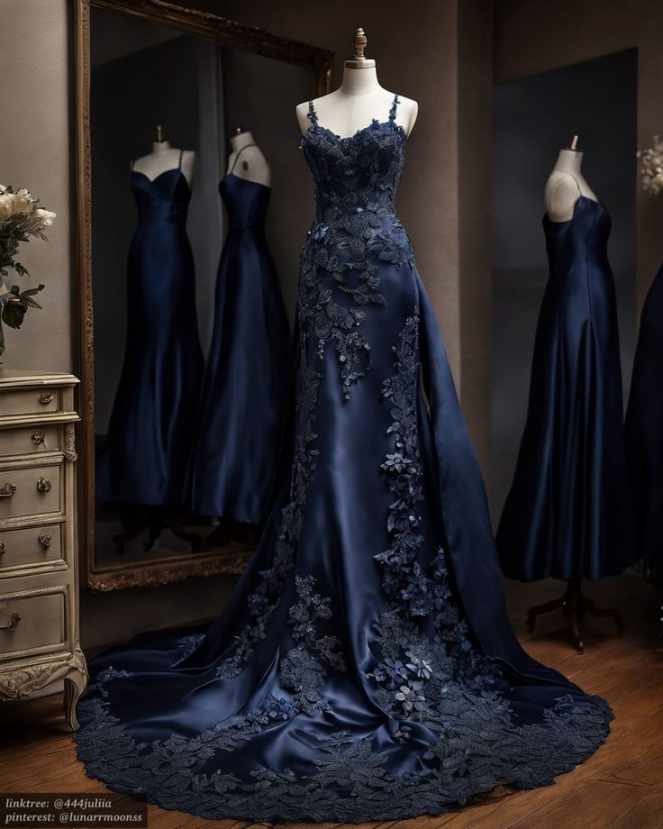 Vintage Mermaid Spaghetti Straps Navy Blue Satin Long Prom Dresses Party Dress Main image