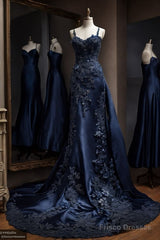 Vintage Mermaid Spaghetti Straps Navy Blue Satin Long Prom Dresses Party Dress