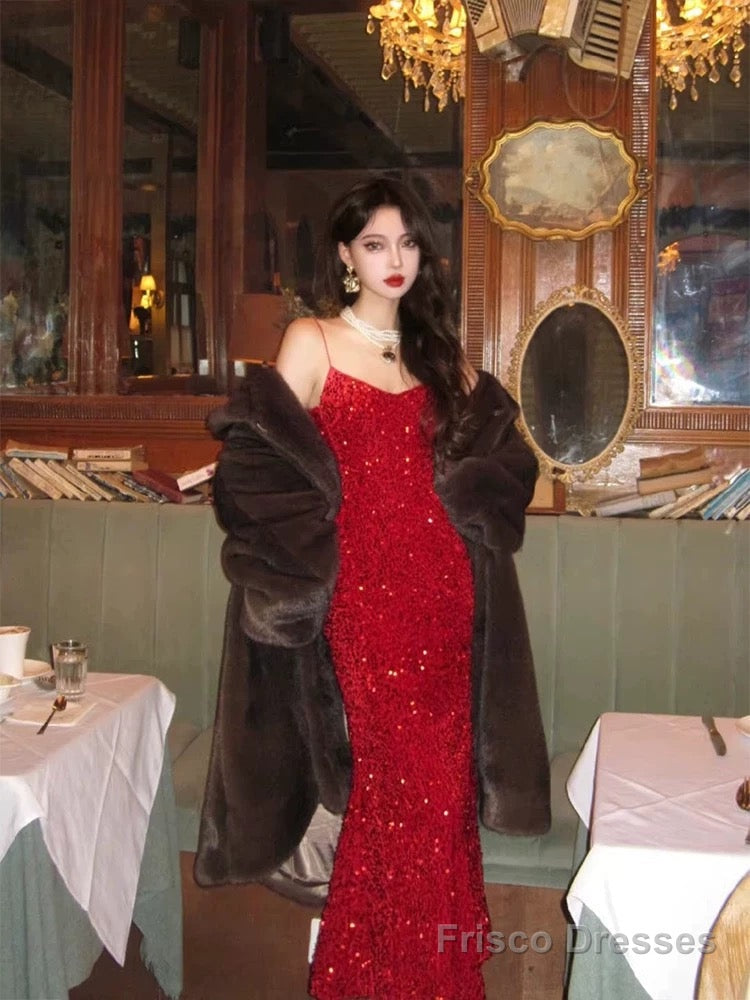 Vintage Mermaid Spaghetti Straps Red Sequin Birthday Dress Prom Dresses Main image