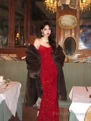 Vintage Mermaid Spaghetti Straps Red Sequin Birthday Dress Prom Dresses