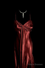 Vintage Mermaid Spaghetti Straps Satin Burgundy Prom Gown Fairy Prom Dresses