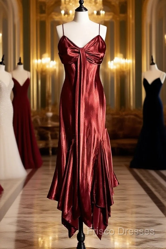 Vintage Mermaid Spaghetti Straps Satin Burgundy Formal Prom Gown Fairy Formal Prom Dress