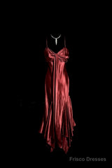 Vintage Mermaid Spaghetti Straps Satin Burgundy Prom Gown Fairy Prom Dresses