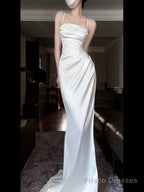 Vintage Mermaid Spaghetti Straps White Satin Long Birthday Dress Prom Dresses