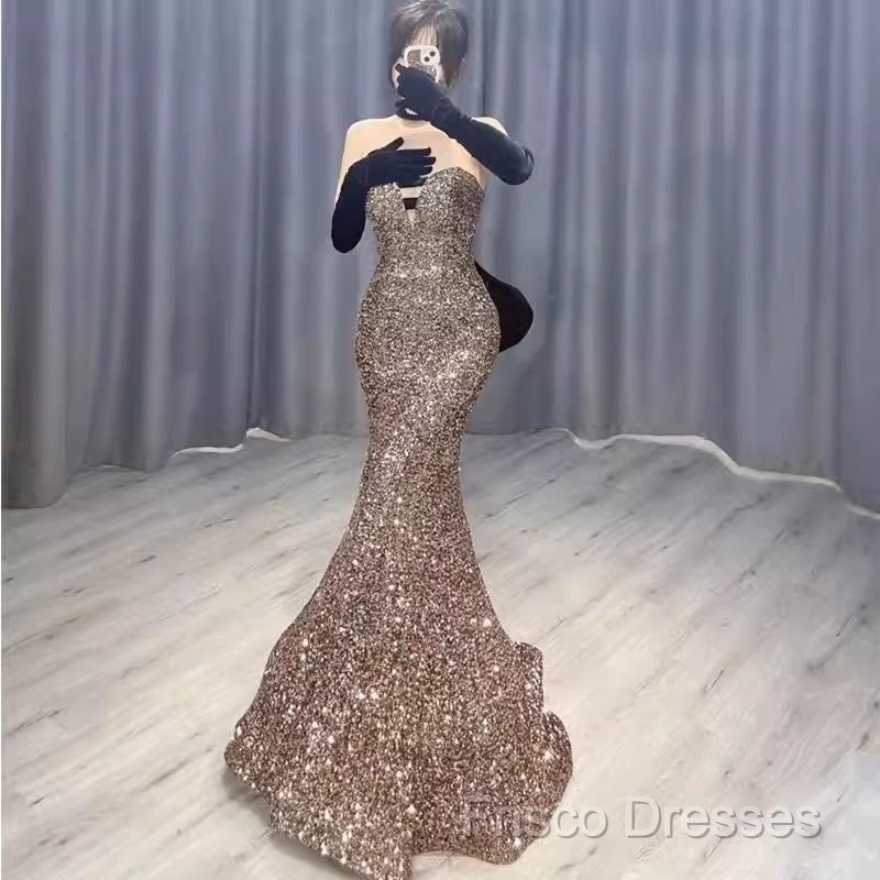 Vintage Mermaid Strapless Party Dress Long Sequin Formal Prom Dress
