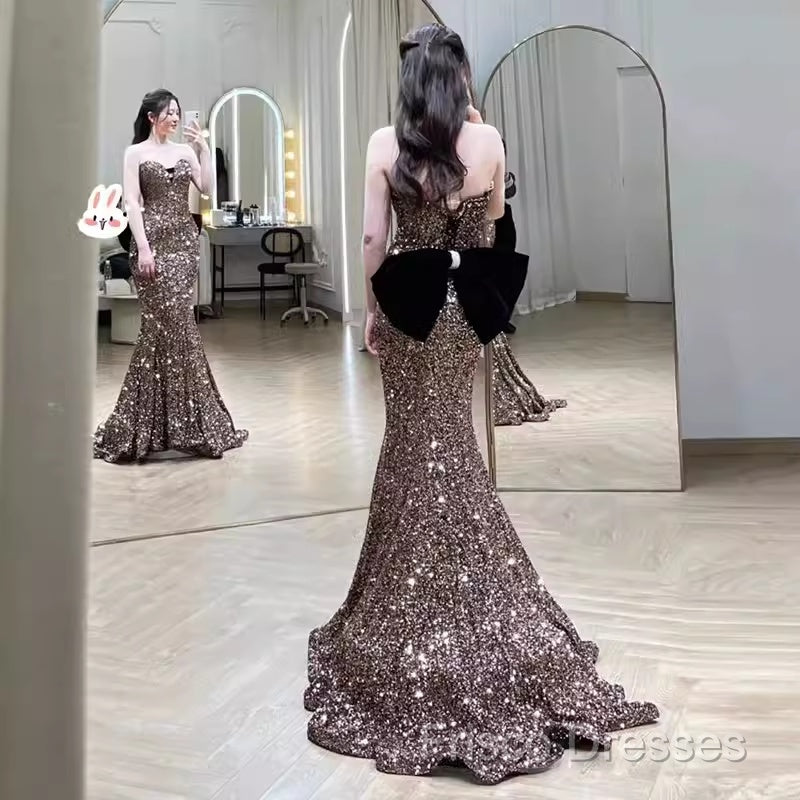 Vintage Mermaid Strapless Party Dress Long Sequin Formal Prom Dress