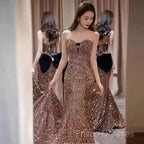 Vintage Mermaid Strapless Party Dress Long Sequin Formal Prom Dress