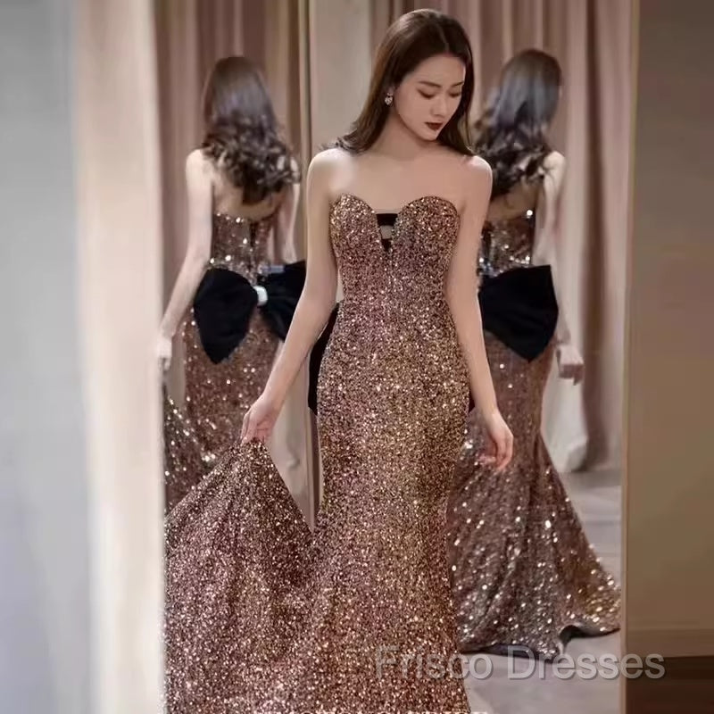 Vintage Mermaid Strapless Party Dress Long Sequin Formal Prom Dress