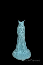 Vintage Mermaid Strapless Tulle Blue Beads Long Formal Prom Gown Fairy Formal Prom Dress