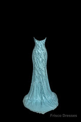 Vintage Mermaid Strapless Tulle Blue Beads Long Prom Gown Fairy Prom Dresses