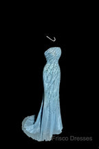 Vintage Mermaid Strapless Tulle Blue Beads Long Formal Prom Gown Fairy Formal Prom Dress