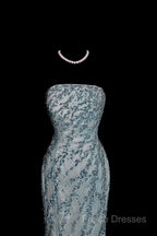 Vintage Mermaid Strapless Tulle Blue Beads Long Formal Prom Gown Fairy Formal Prom Dress