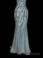 Vintage Mermaid Strapless Tulle Blue Beads Long Formal Prom Gown Fairy Formal Prom Dress