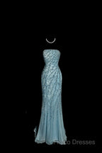 Vintage Mermaid Strapless Tulle Blue Beads Long Formal Prom Gown Fairy Formal Prom Dress