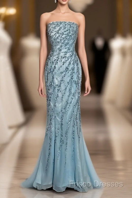 Vintage Mermaid Strapless Tulle Blue Beads Long Formal Prom Gown Fairy Formal Prom Dress