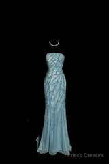 Vintage Mermaid Strapless Tulle Blue Beads Long Prom Gown Fairy Prom Dresses