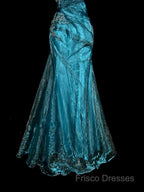 Vintage Mermaid Strapless Tulle Blue Long Formal Prom Gown Fairy Formal Prom Dress
