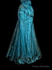 Vintage Mermaid Strapless Tulle Blue Long Prom Gown Fairy Prom Dresses