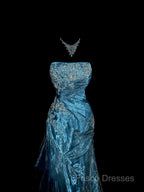 Vintage Mermaid Strapless Tulle Blue Long Formal Prom Gown Fairy Formal Prom Dress
