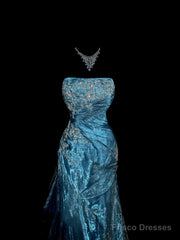 Vintage Mermaid Strapless Tulle Blue Long Prom Gown Fairy Prom Dresses