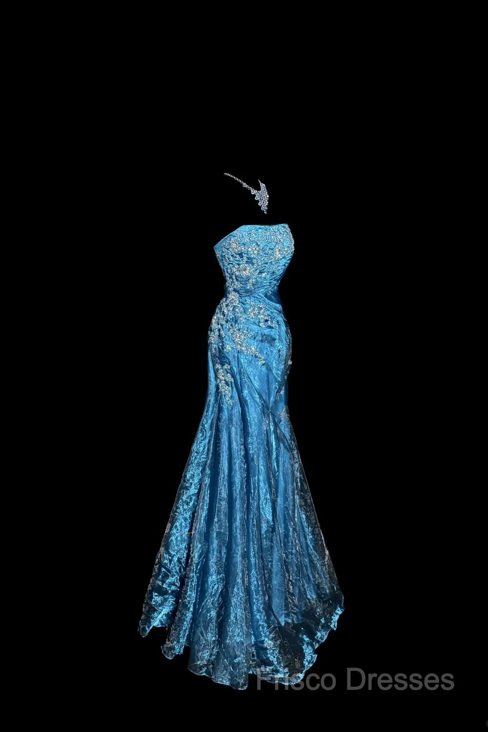 Vintage Mermaid Strapless Tulle Blue Long Formal Prom Gown Fairy Formal Prom Dress