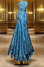 Vintage Mermaid Strapless Tulle Blue Long Formal Prom Gown Fairy Formal Prom Dress