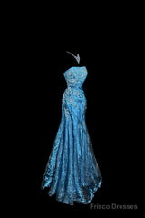 Vintage Mermaid Strapless Tulle Blue Long Prom Gown Fairy Prom Dresses
