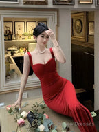 Vintage Mermaid Straps Black Satin Long Birthday Dress Prom Dresses