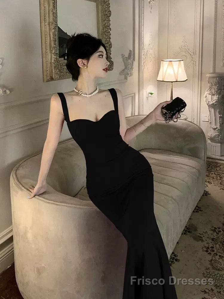 Vintage Mermaid Straps Black Satin Long Birthday Dress Prom Dresses Main image