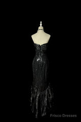 Vintage Mermaid Sweetheart Black Sequin Long Prom Gown Fairy Prom Dresses
