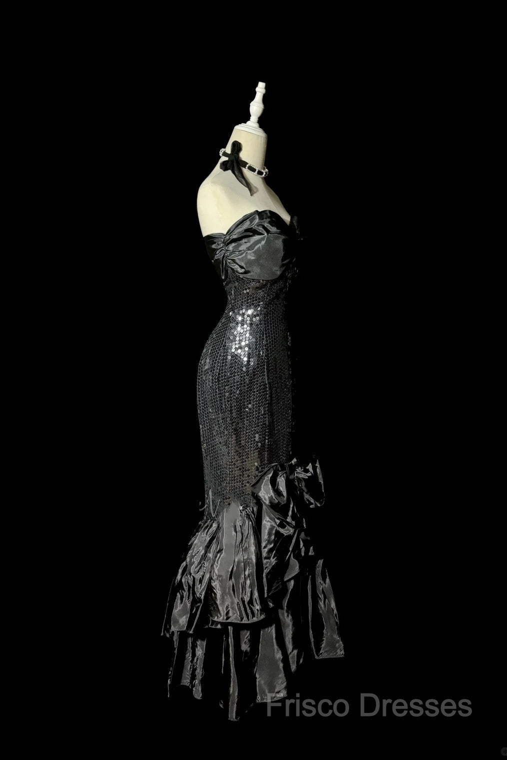 Vintage Mermaid Sweetheart Black Sequin Long Formal Prom Gown Fairy Formal Prom Dress