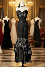 Vintage Mermaid Sweetheart Black Sequin Long Formal Prom Gown Fairy Formal Prom Dress
