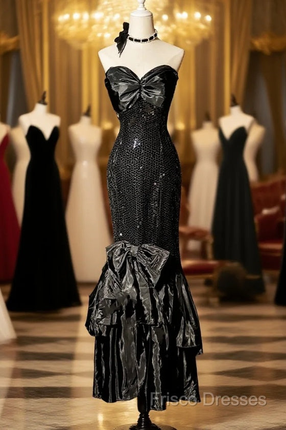 Vintage Mermaid Sweetheart Black Sequin Long Formal Prom Gown Fairy Formal Prom Dress