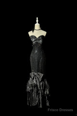 Vintage Mermaid Sweetheart Black Sequin Long Prom Gown Fairy Prom Dresses