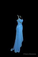 Vintage Mermaid Sweetheart Blue Chiffon Long Prom Gown Fairy Prom Dresses