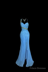 Vintage Mermaid Sweetheart Blue Chiffon Long Prom Gown Fairy Prom Dresses