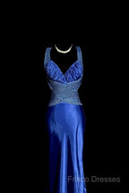 Vintage Mermaid Sweetheart Neckline Royal Blue Satin Backless Formal Prom Gown Fairy Formal Prom Dress