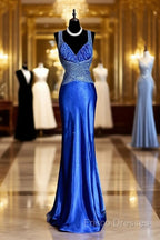 Vintage Mermaid Sweetheart Neckline Royal Blue Satin Backless Formal Prom Gown Fairy Formal Prom Dress