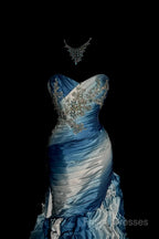 Vintage Mermaid Sweetheart Sleeveless Long Blue Formal Prom Gown Fairy Formal Prom Dress