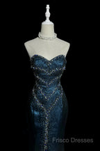 Vintage Mermaid Sweetheart Sleeveless Long Blue Slit Formal Prom Gown Fairy Formal Prom Dress