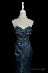 Vintage Mermaid Sweetheart Sleeveless Long Blue Slit Prom Gown Fairy Prom Dresses