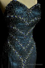 Vintage Mermaid Sweetheart Sleeveless Long Blue Slit Prom Gown Fairy Prom Dresses