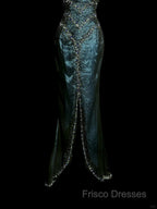 Vintage Mermaid Sweetheart Sleeveless Long Blue Slit Formal Prom Gown Fairy Formal Prom Dress