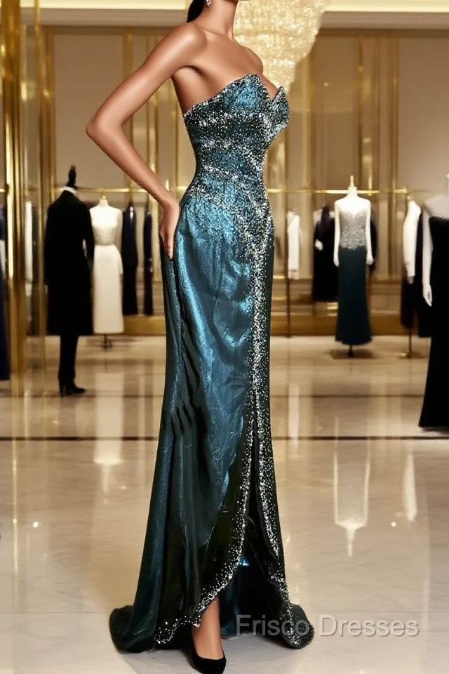 Vintage Mermaid Sweetheart Sleeveless Long Blue Slit Formal Prom Gown Fairy Formal Prom Dress