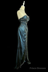 Vintage Mermaid Sweetheart Sleeveless Long Blue Slit Prom Gown Fairy Prom Dresses