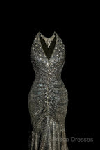 Vintage Mermaid V Neckline Gray Sequin Long Formal Prom Gown Fairy Formal Prom Dress