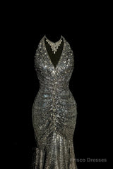 Vintage Mermaid V Neckline Gray Sequin Long Prom Gown Fairy Prom Dresses