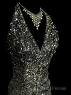 Vintage Mermaid V Neckline Gray Sequin Long Formal Prom Gown Fairy Formal Prom Dress