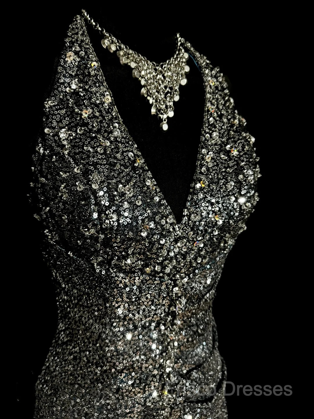 Vintage Mermaid V Neckline Gray Sequin Long Formal Prom Gown Fairy Formal Prom Dress